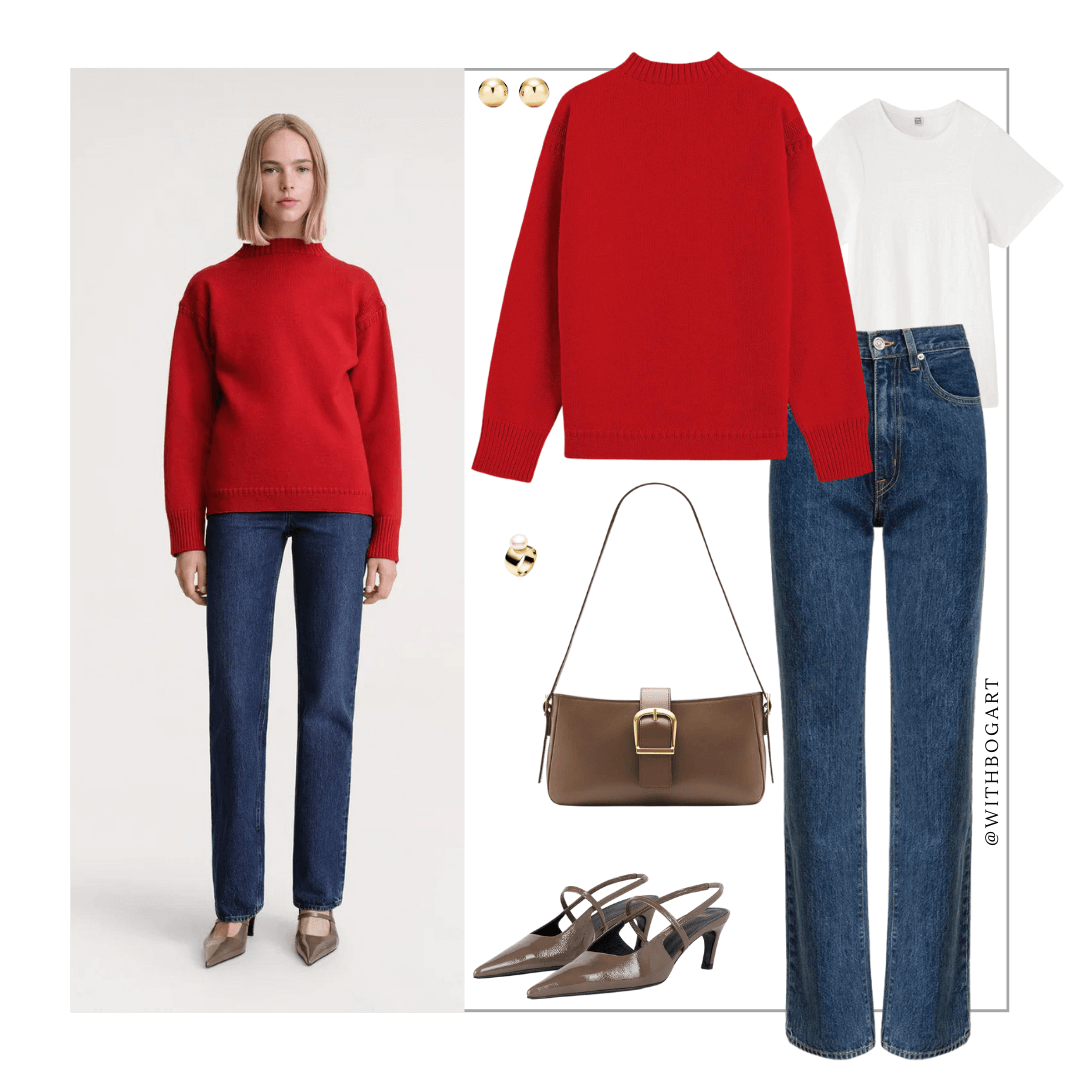 Woman wearing  red jumper, jeans and brown Toteme heels