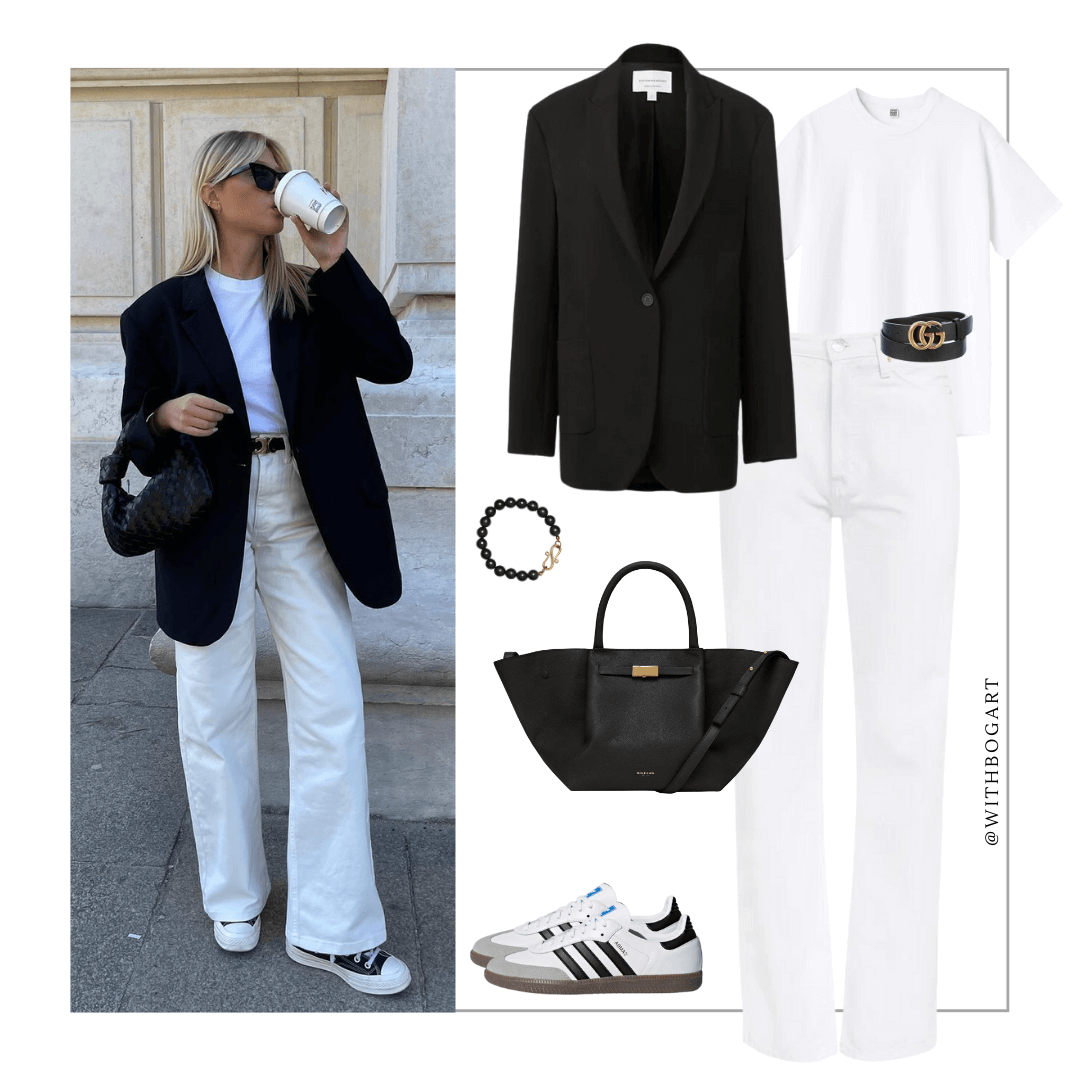 Woman wearing black blazer, white tee, white jeans and Samba sneakers