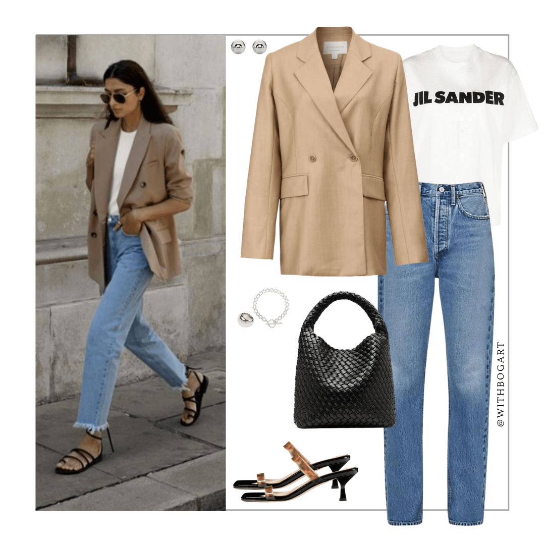 Woman wearing beige blazer, tshirt, jeans and heels