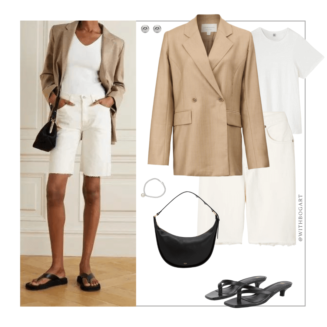 Woman wearing beige blazer, white tee, white denim shorts and low heel sandals