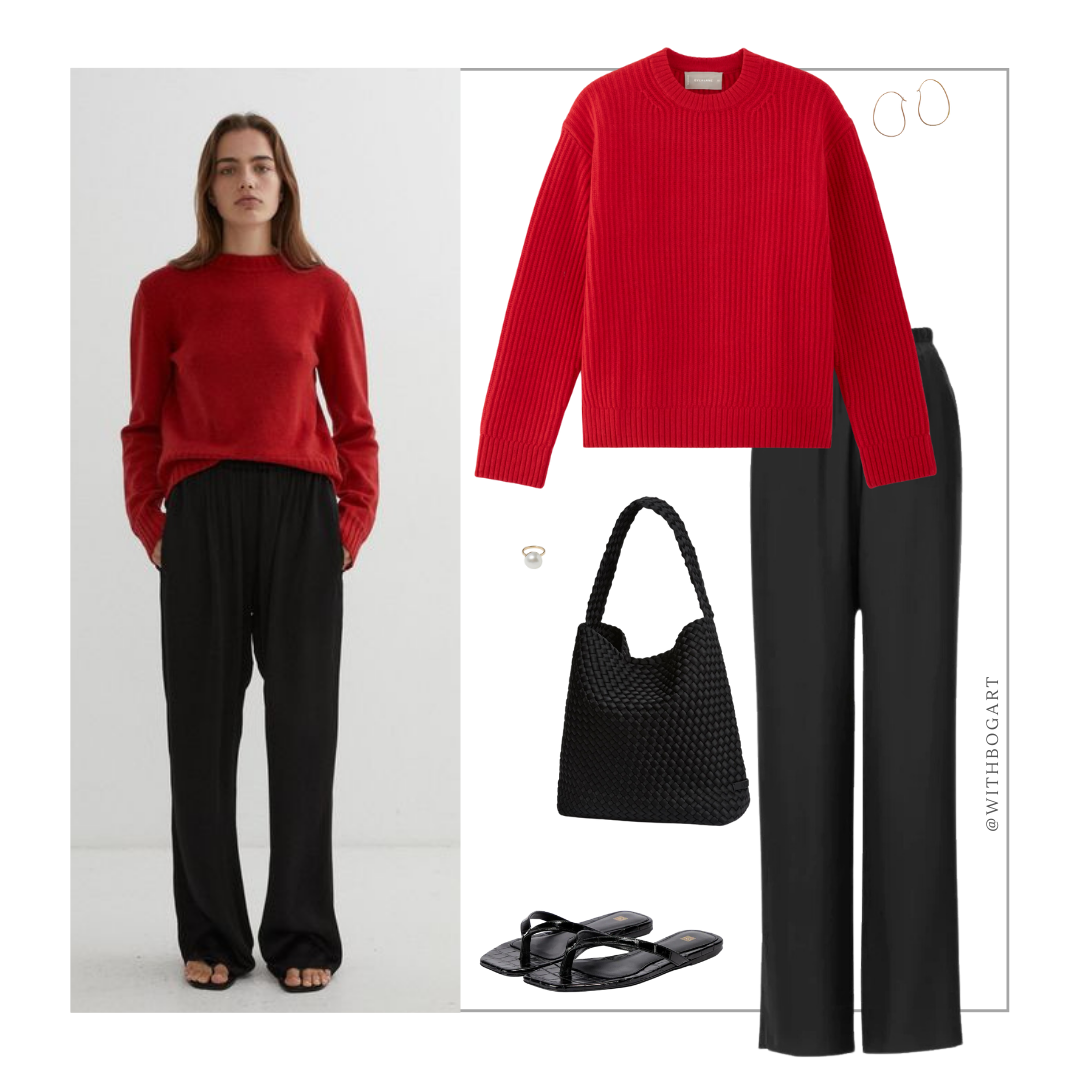 Woman wearing red jumper, black pants, and black sandals