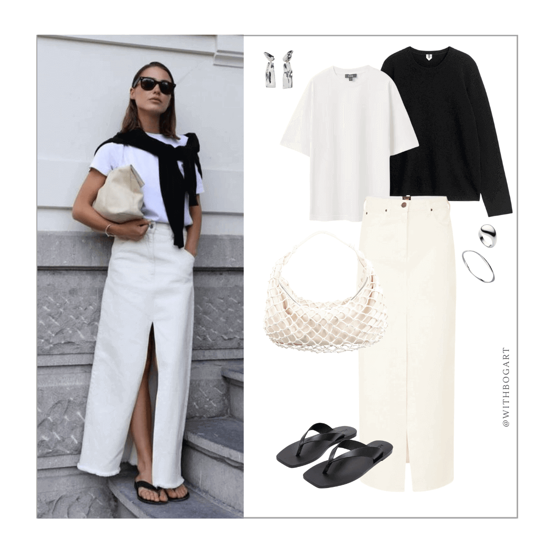 Woman wearing white denim skirt, white t-shirt and black sandals