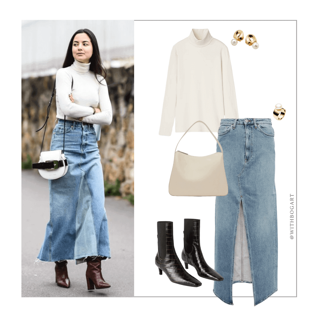 Woman wearing denim skirt with cream turtleneck knit and boots