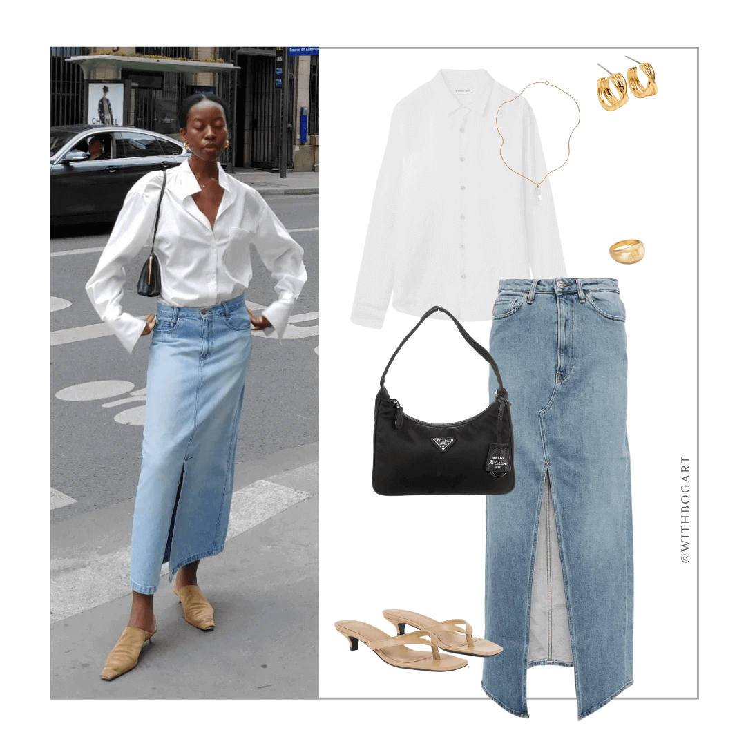 Woman wearing denim skirt ,  white shirt and heels