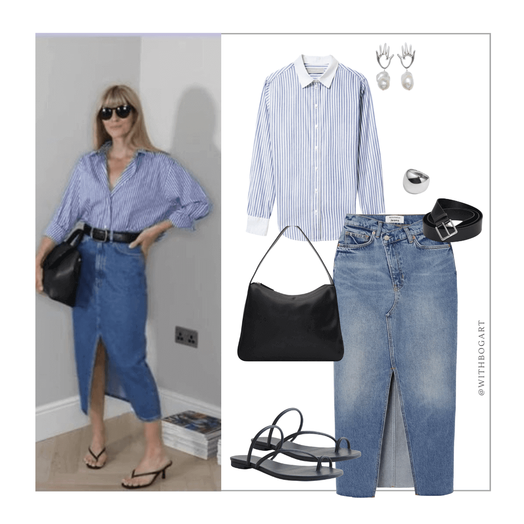 Woman wearing denim skirt, pinstripe shirt and black flats