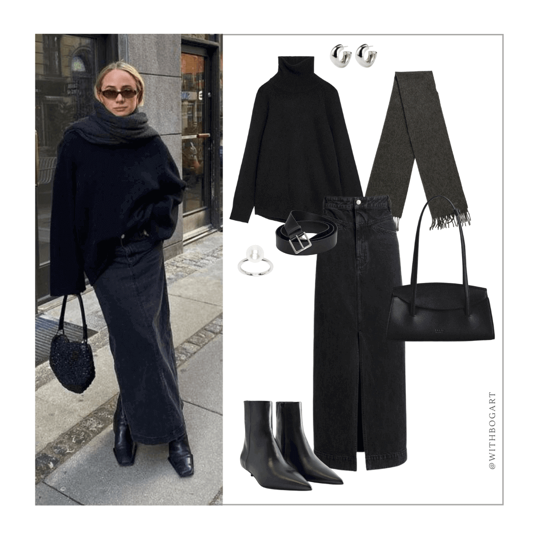 Woman wearing black denim skirt, black turtleneck knit and black boots