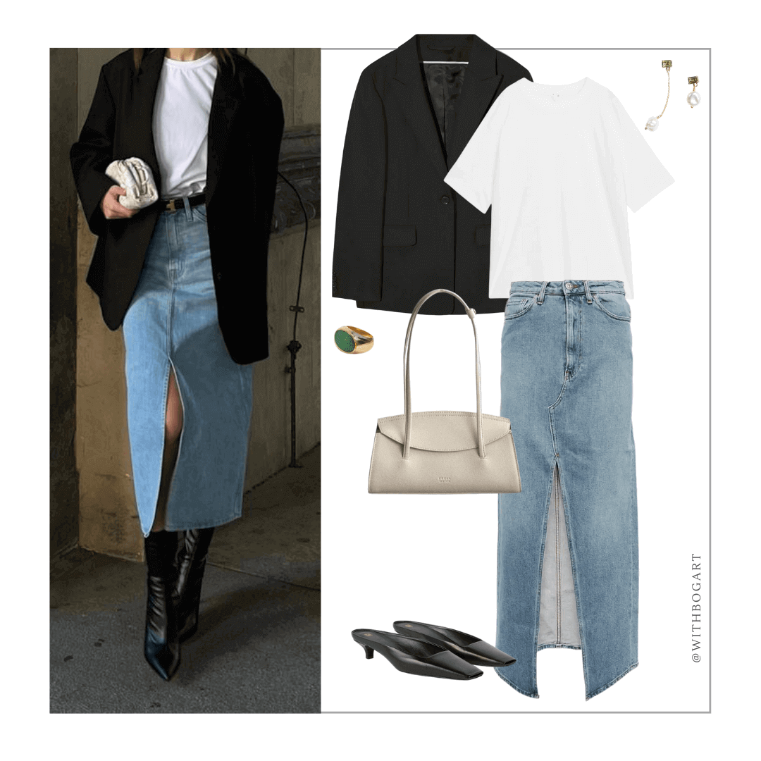 Woman wearing blue denim skirt, white t-shirt, black blazer, and black mule