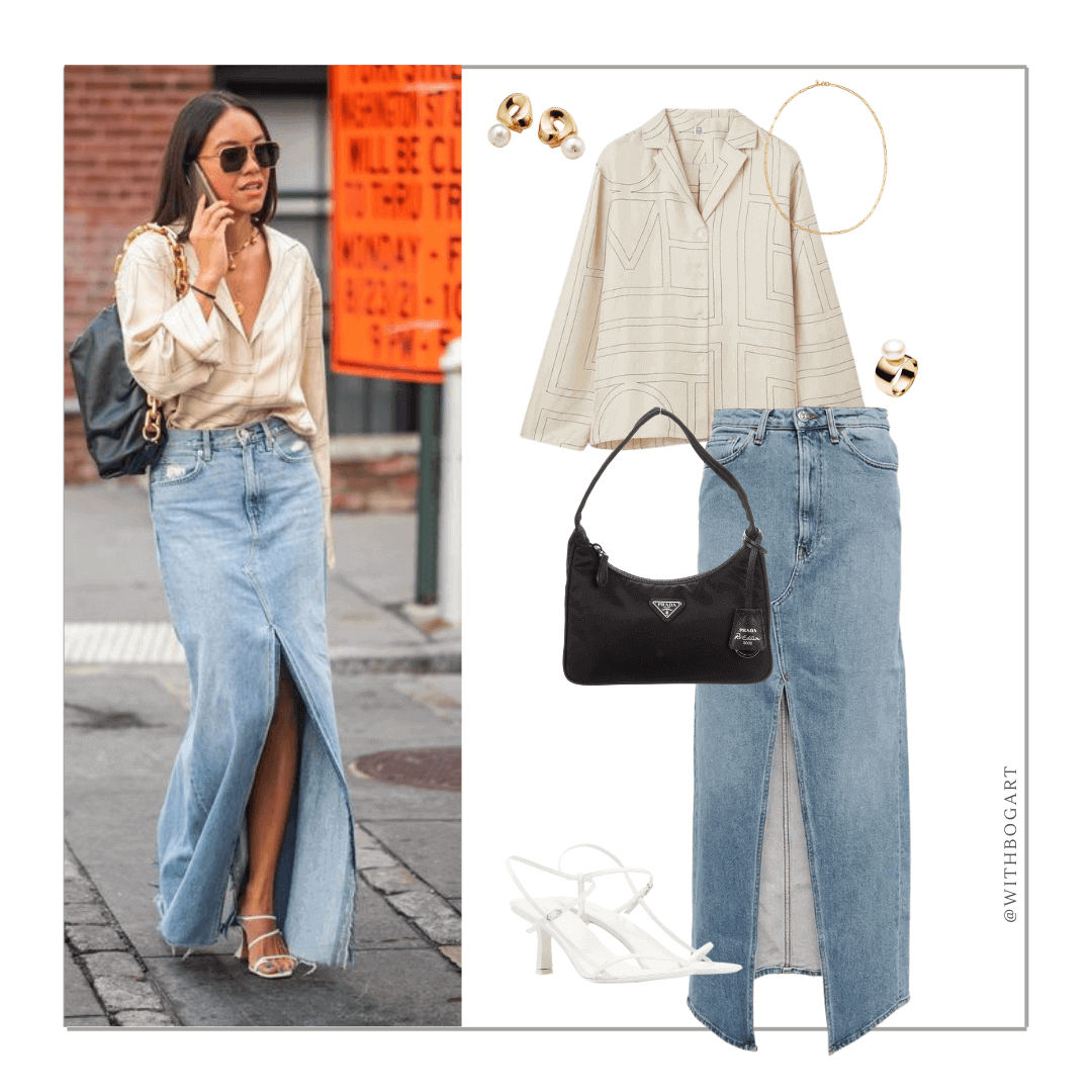 Woman wearing blue denim skirt, silk shirt and white heel