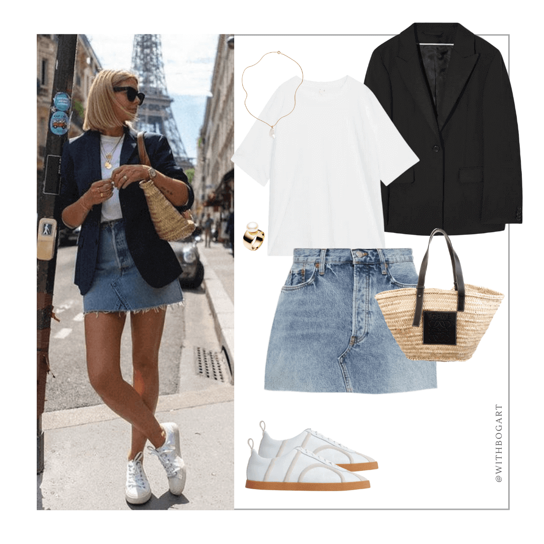 Woman wearing short denim skirt, t-shirt, blazer and sneakers