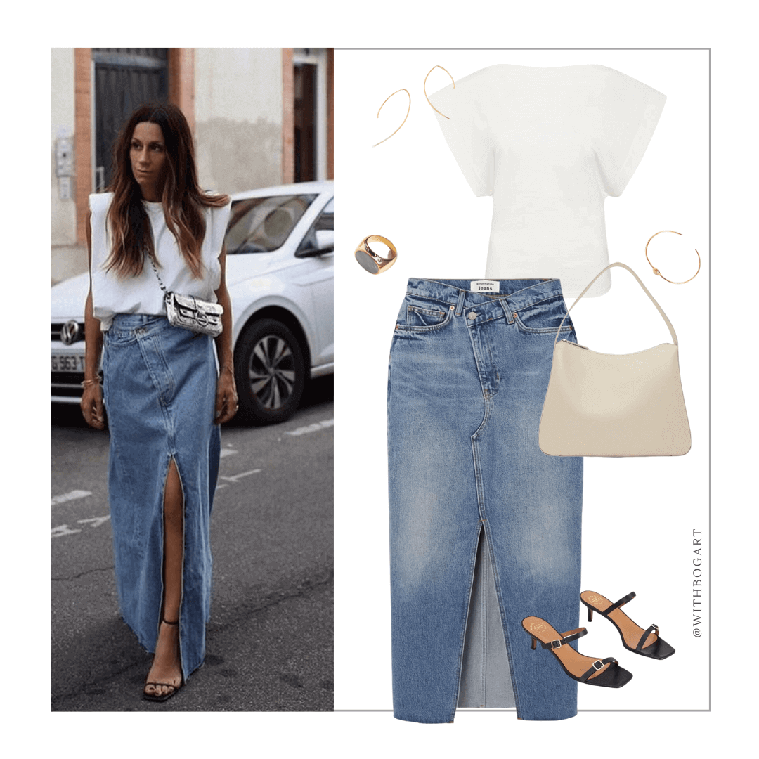 Woman wearing maxi denim skirt, white t-shirt and heels