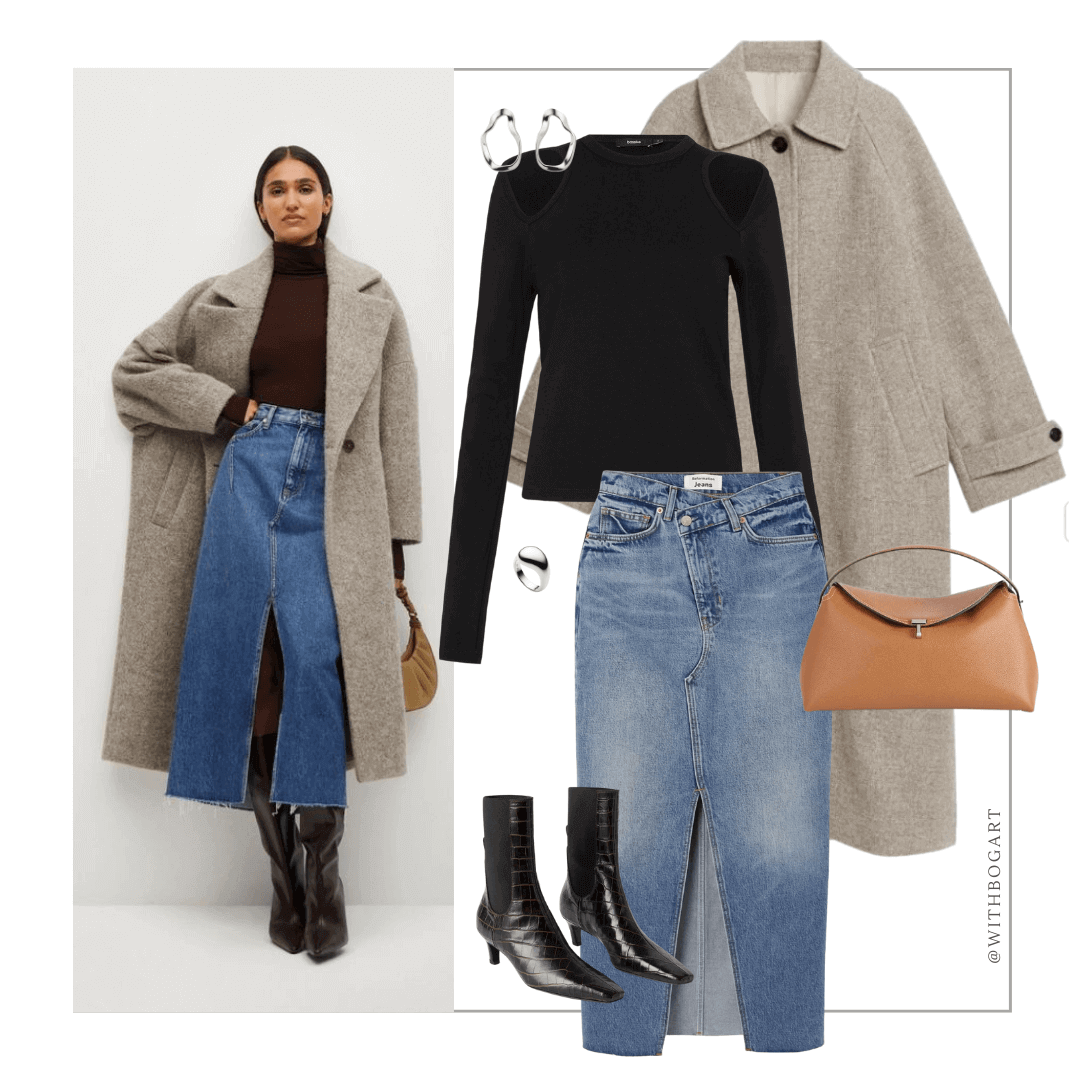 Woman wearing denim skirt, black top, coat and boots