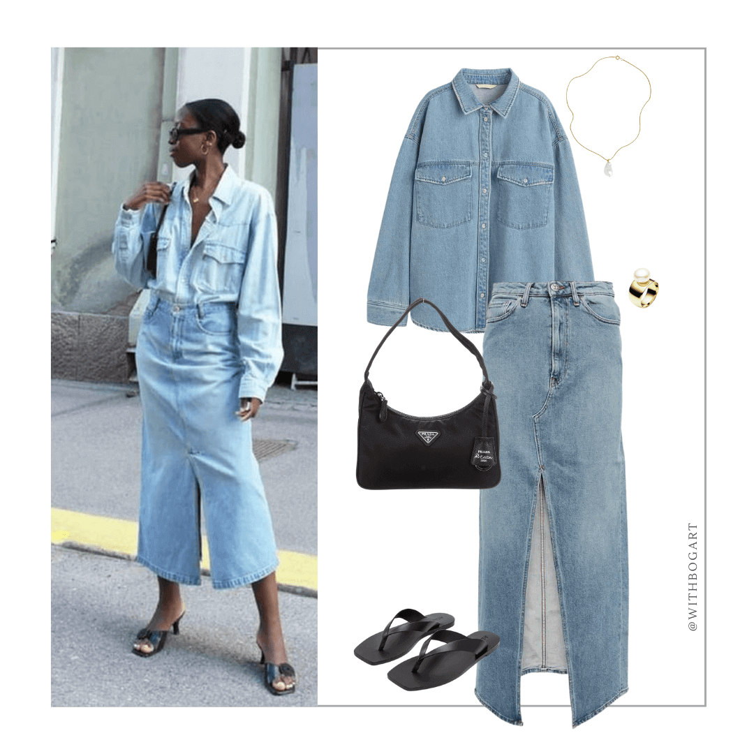 Woman wearing denim shirt, maxi denim skirt with heels