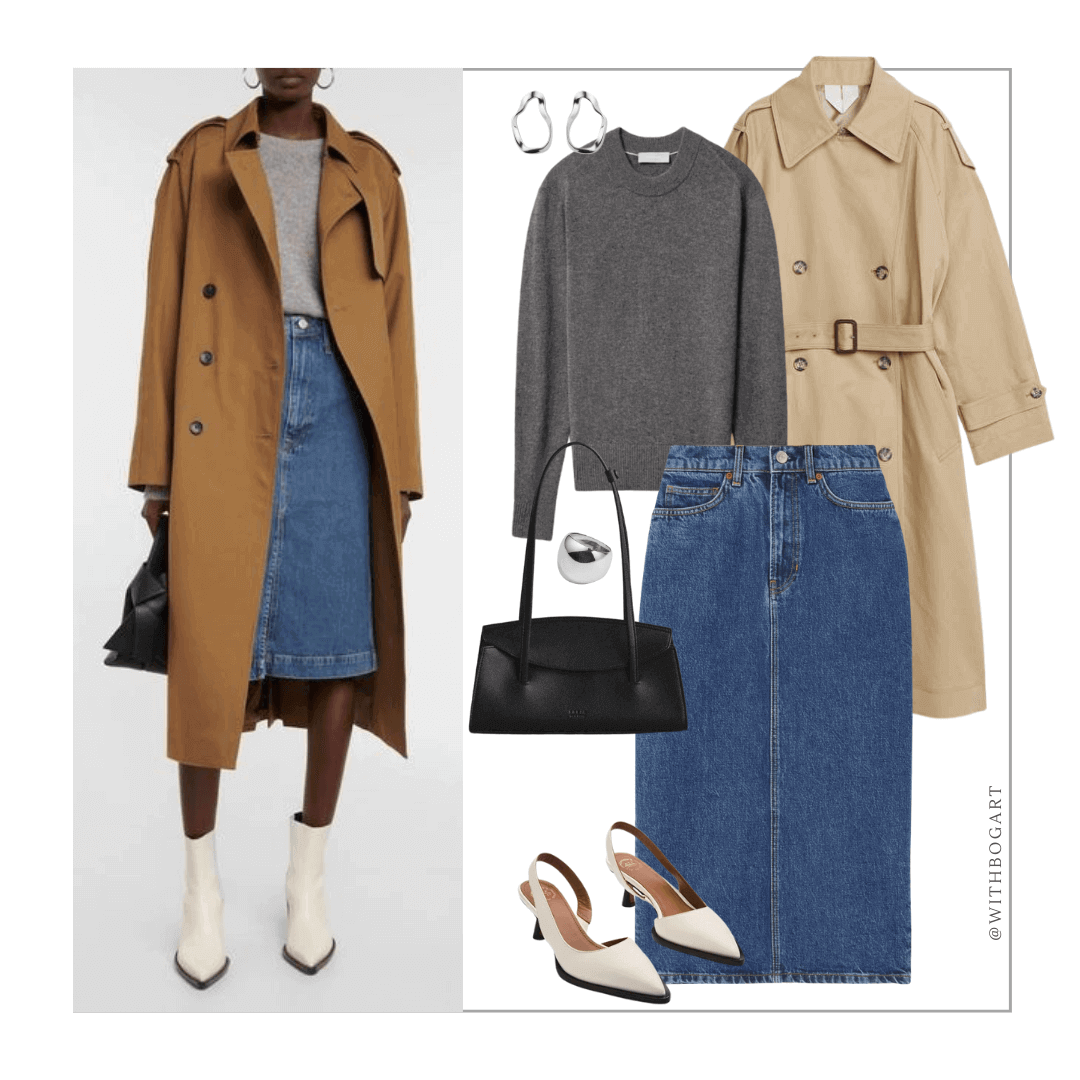 Woman wearing denim skirt, grey knit, and trench with heels