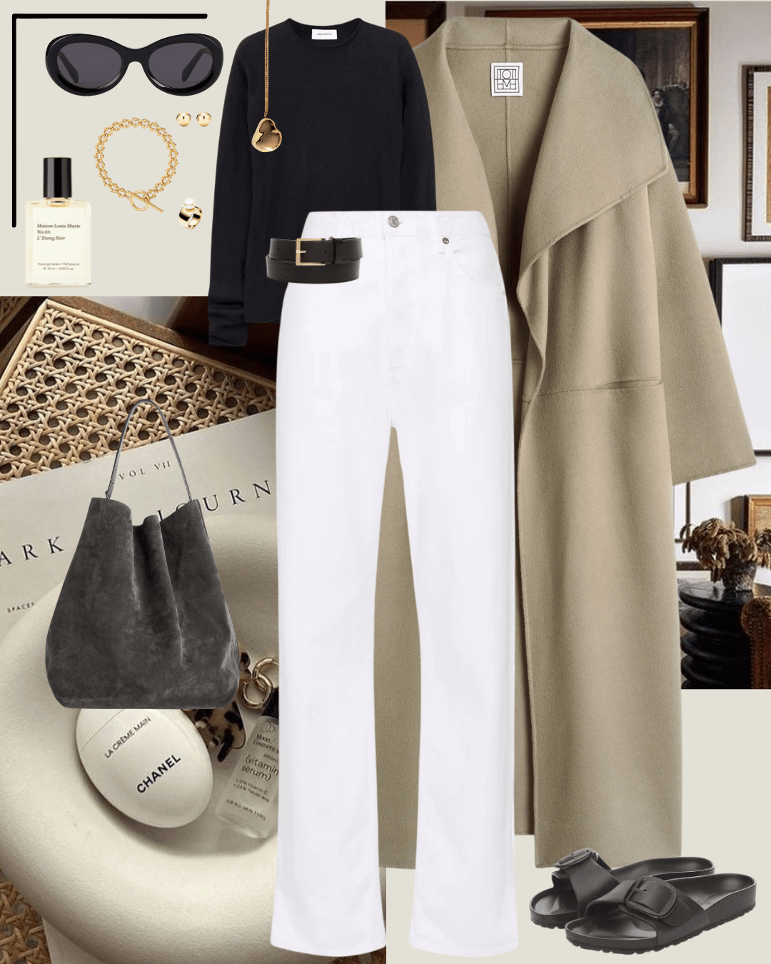 Beige coat with black jumper white jeans and black birkenstock sandals