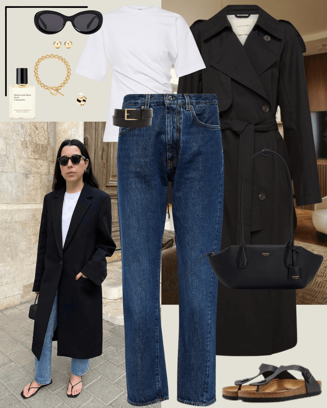 Black trench coat, white t-shirt, dark blue jeans, with black birkenstock sandals