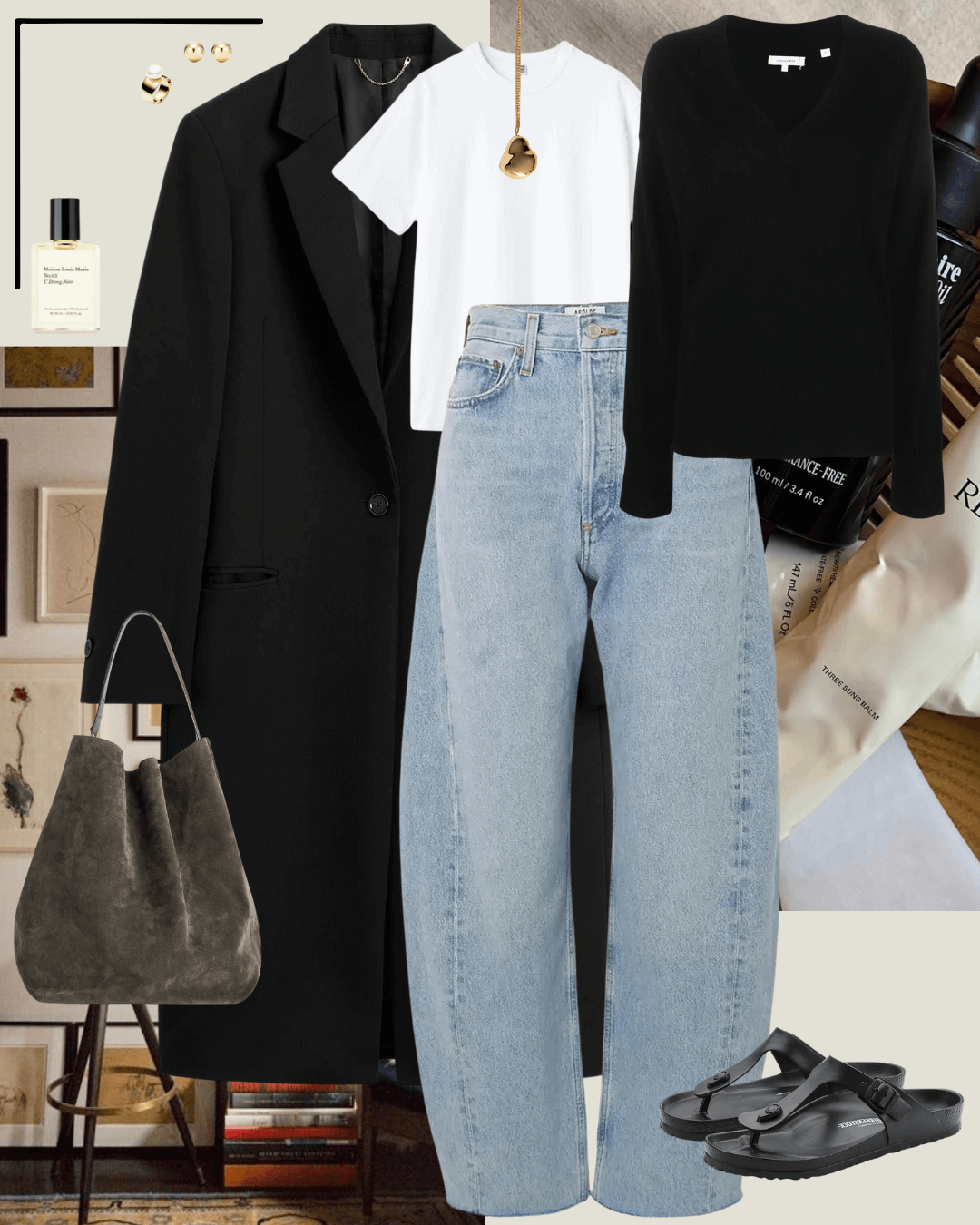 Black coat, black jumper, jeans, black birkenstock sandals