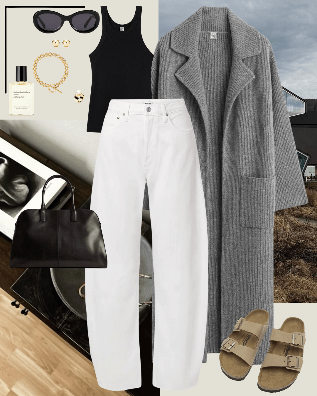 Toteme grey long knit cardigan coat, black singlet top, white jeans, and olive brown birkenstock sandals