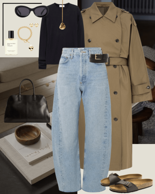 Olive trench coat, black jumper, jeans, brown birkenstock sandals