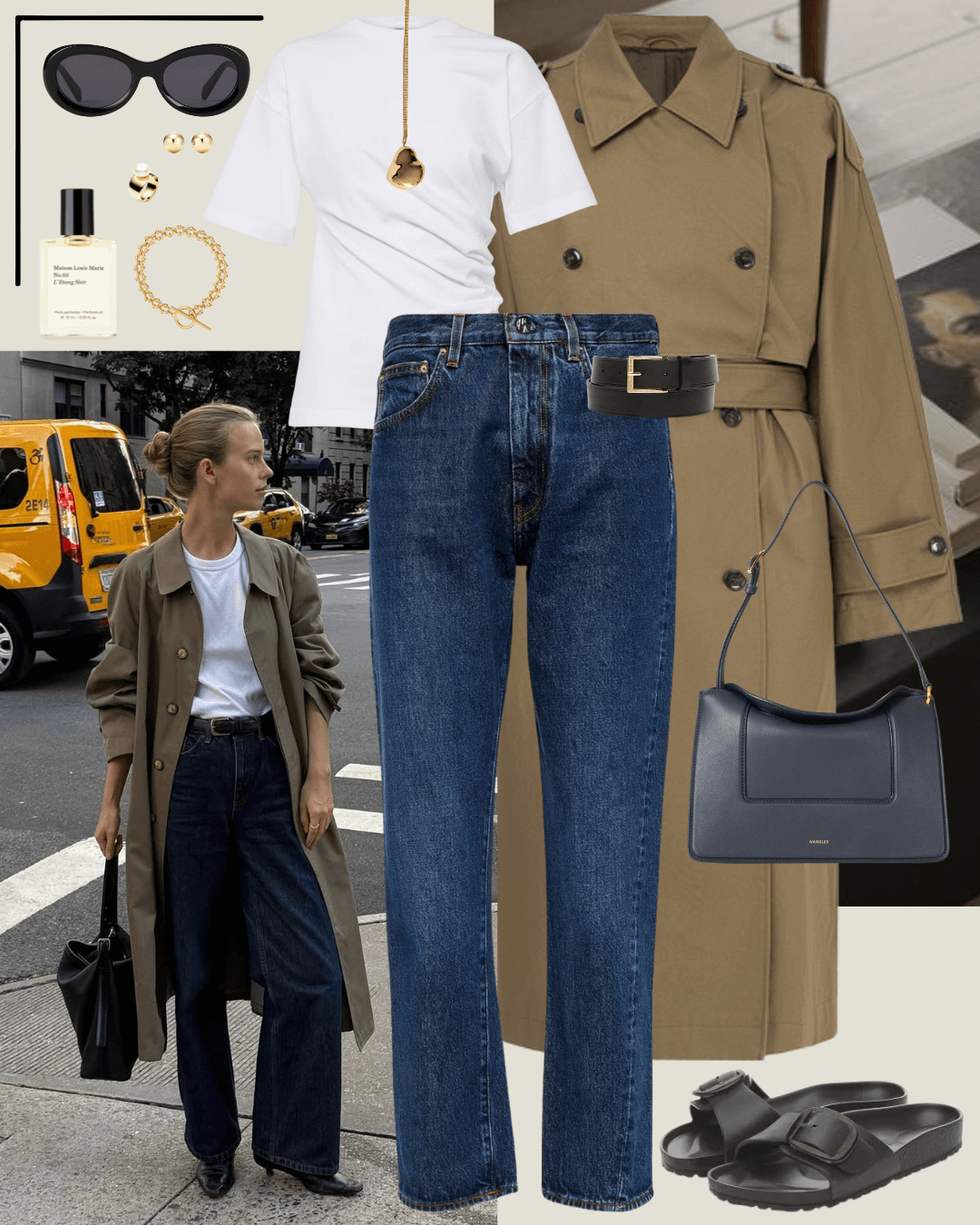 Olive brown coat, white t-shirt, dark blue jeans and black birkenstock sandals