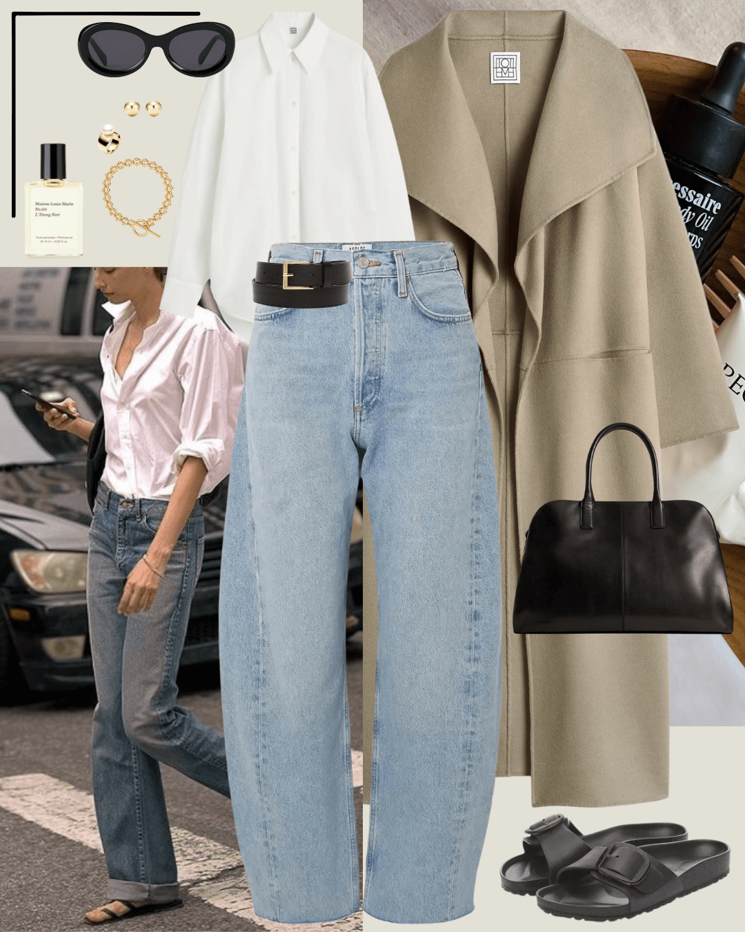 Camel Toteme coat, white shirt, jeans and black birkenstock sandals