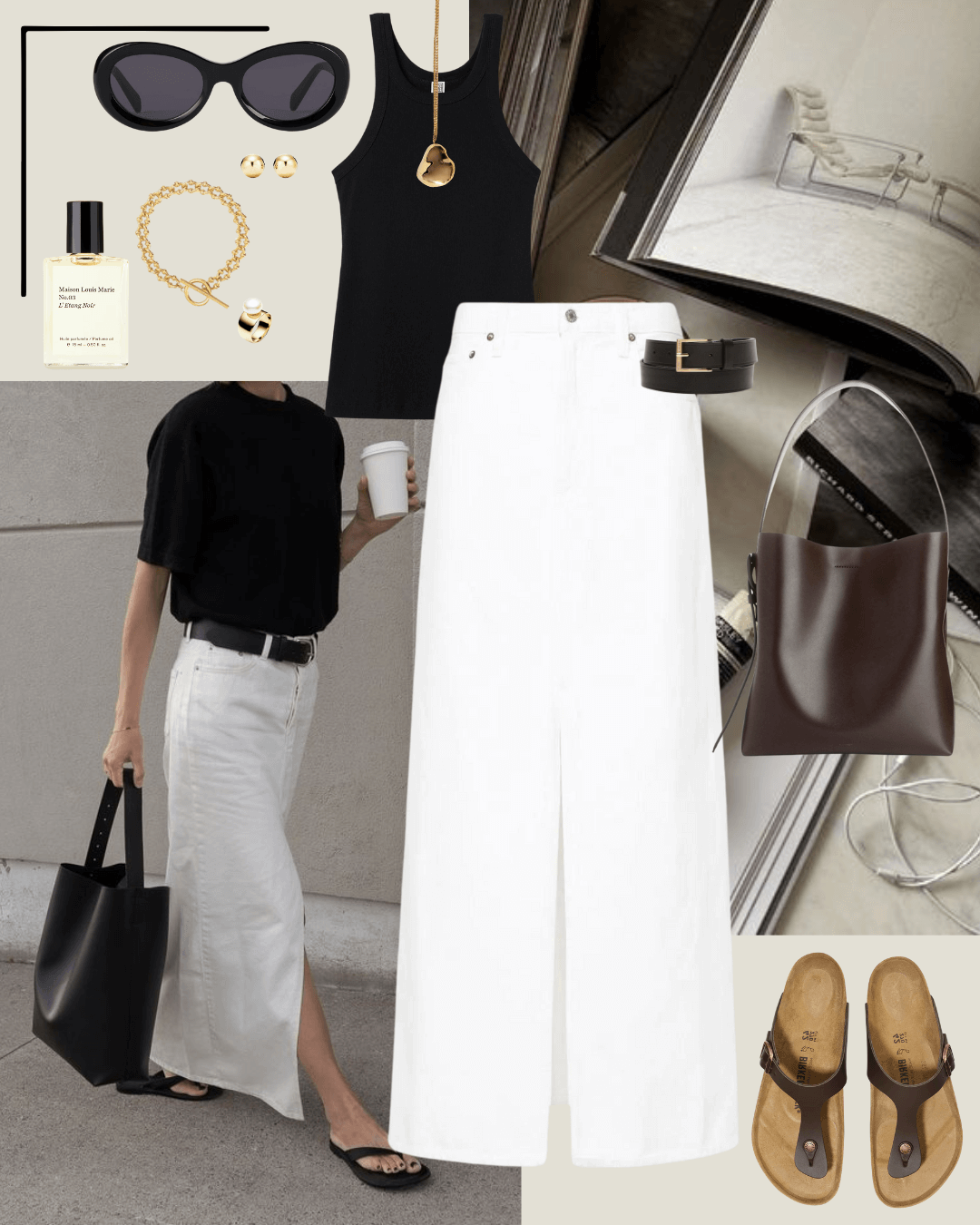 Black singlet top, white denim maxi skirt, brown birkenstock sandals