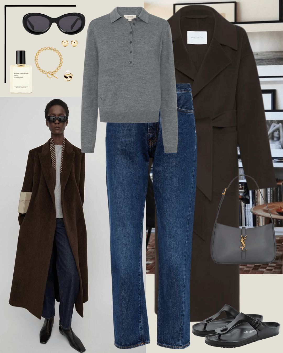 Brown coat, grey jumper, dark blue jeans, and black birkentock sandals