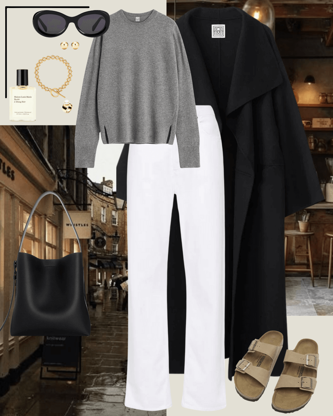 Black Toteme coat, grey jumper, white jeans,  and olive and brown birkenstock sandals