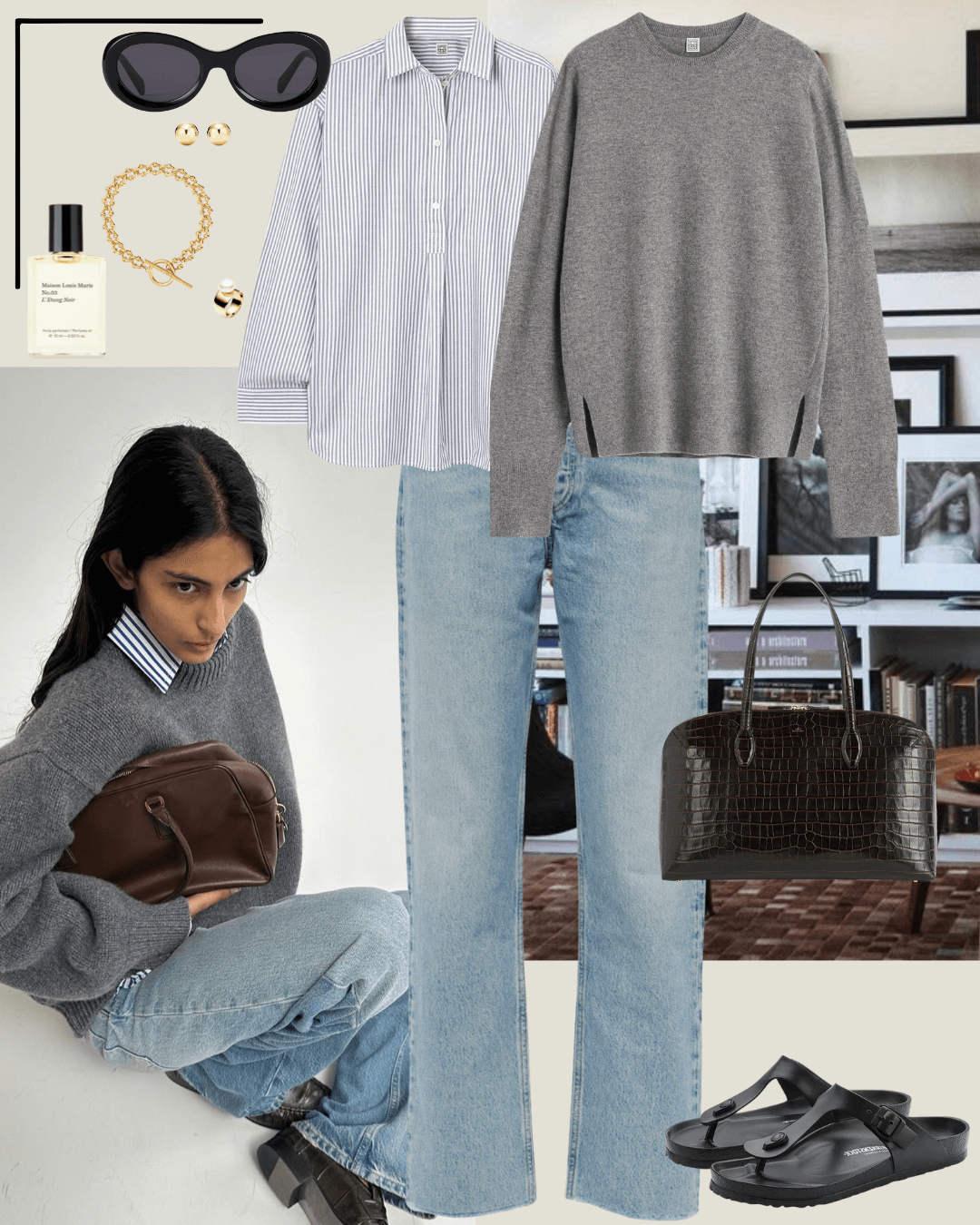 Grey jumper, striped shirt, jeans and black birkenstock sandals