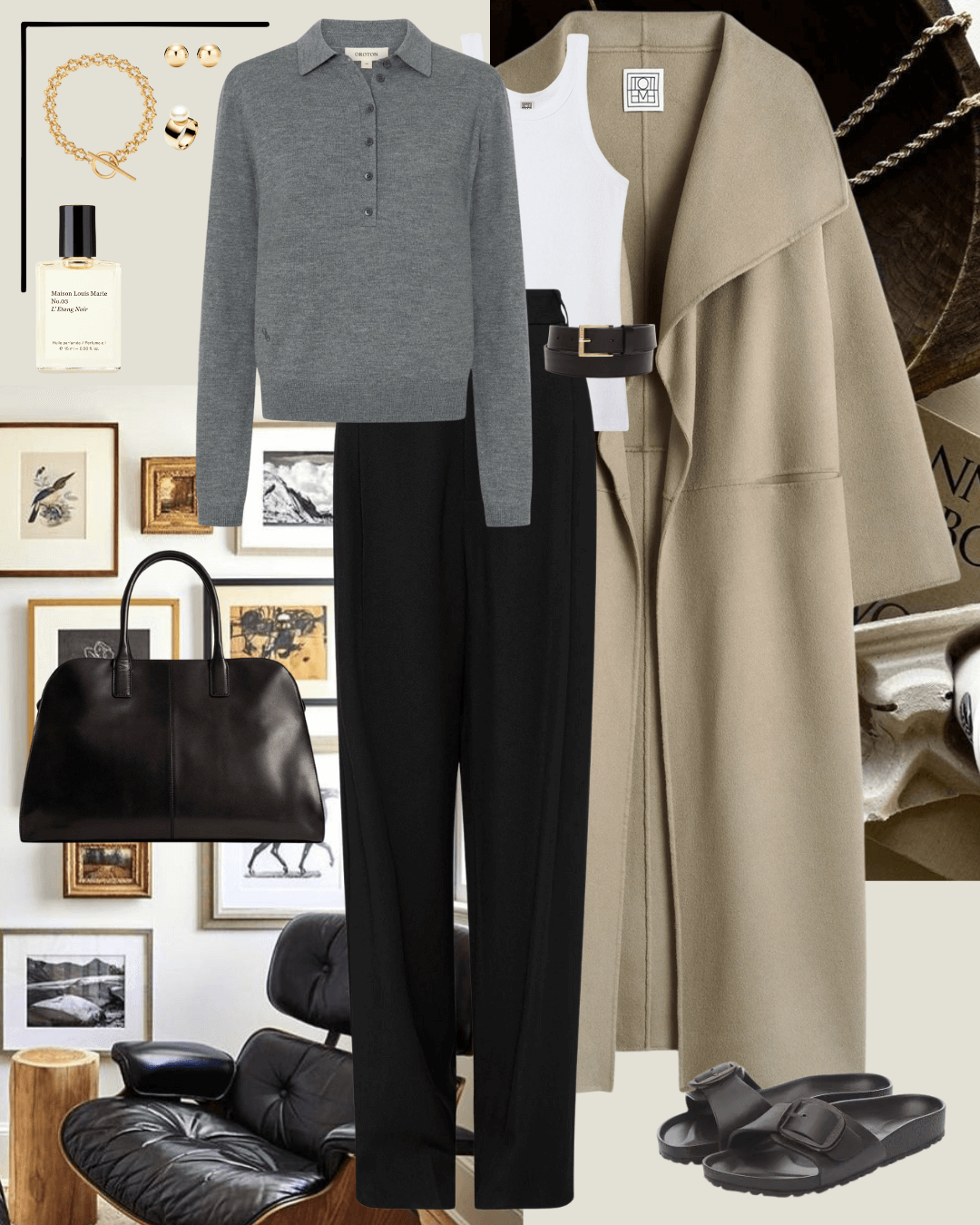 Camel coat with grey polo jumper, black pants and black birkenstock sandals