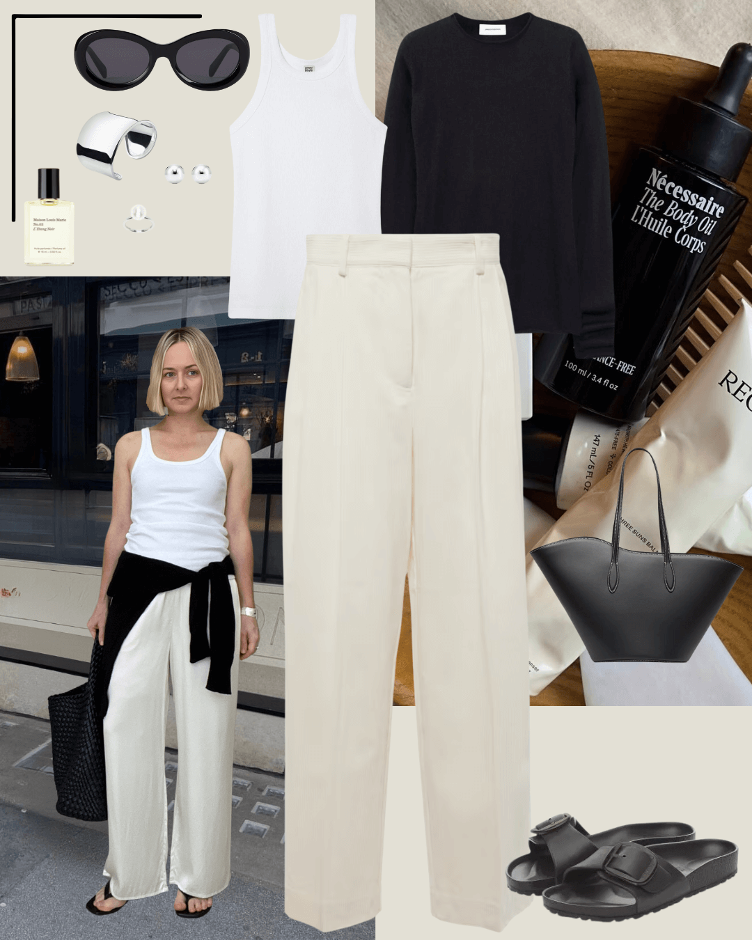 Black jumper, white singlet top, cream tailored pants, black birkenstock sandals