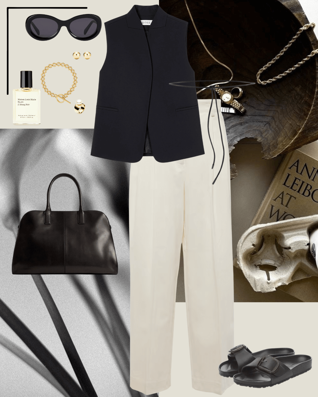 Black vest, cream tailored pants and black birkenstock sandals