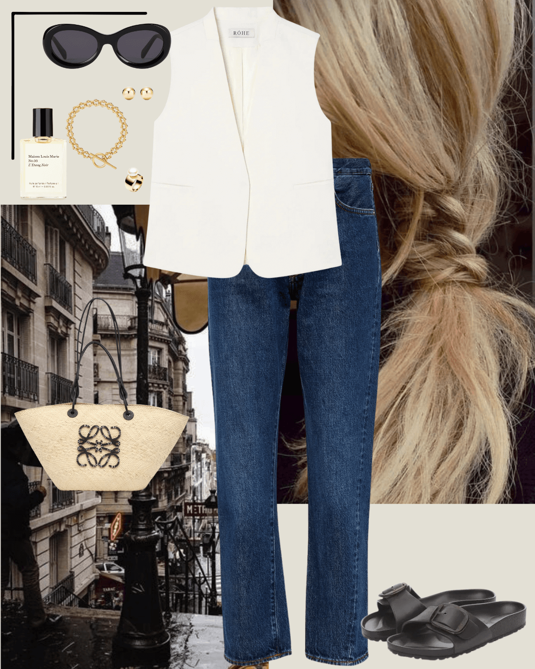 Cream vest, dark blue Toteme jeans, black birkenstock sandals