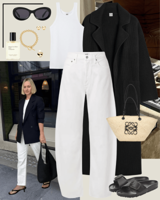 Black Toteme long knit cardigan coat, white singlet top, white barrel leg jeans, black birkenstock sandals