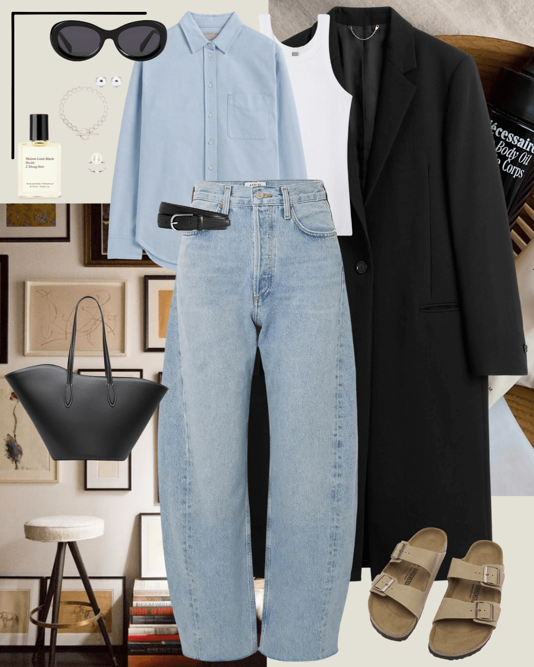 Black Toteme long blazer coat, blue shirt, jeans and olive brown birkenstock sandals