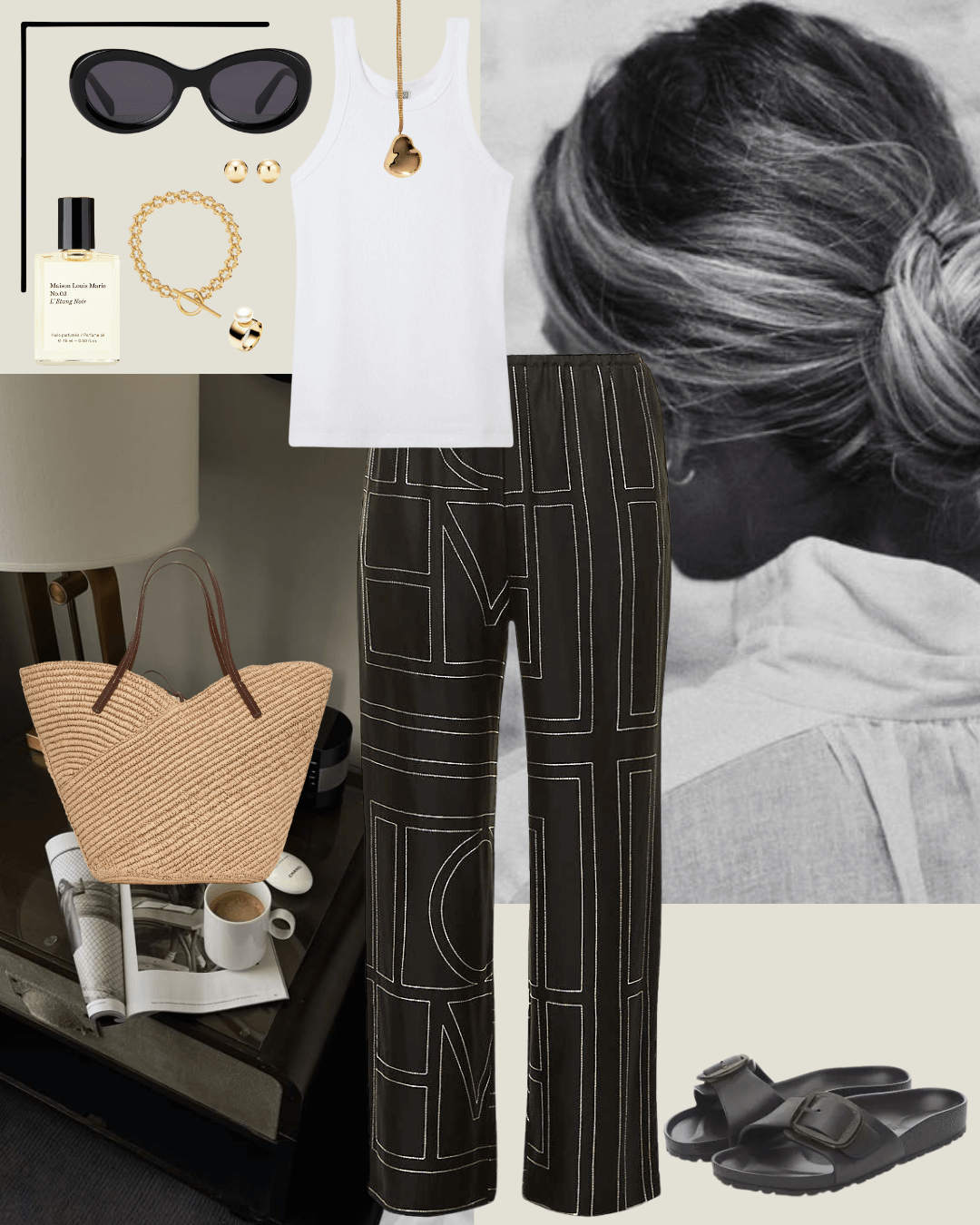 Toteme print silk pants, white sinlget top, black birkenstock sandals