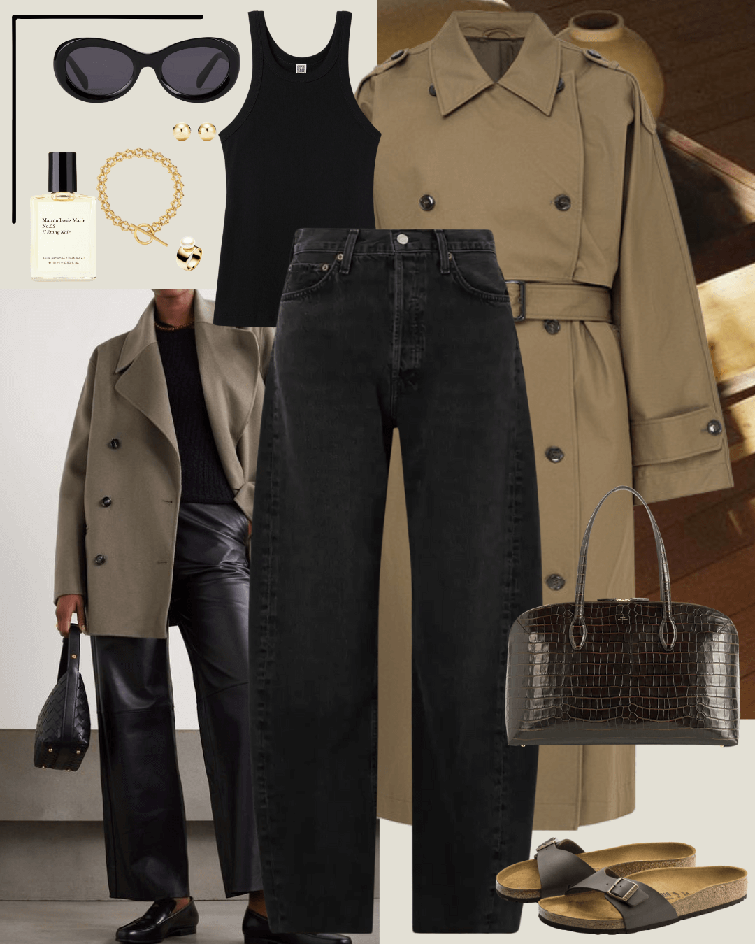 Olive trench coat, black singlet top, black jeans and brown birkenstock sandals