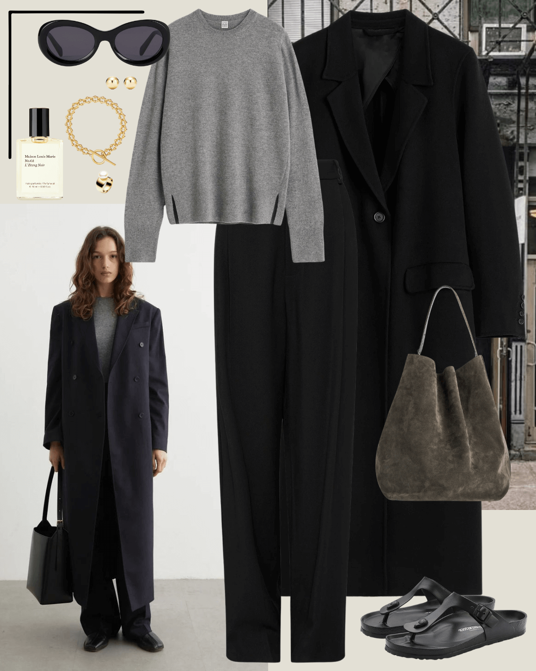 Black toteme coat, grey jumper, black tailored pants, black birkenstock sandals
