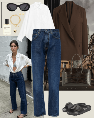 Brown blazer, white shirt, dark blue jeans, black birkenstock sandals