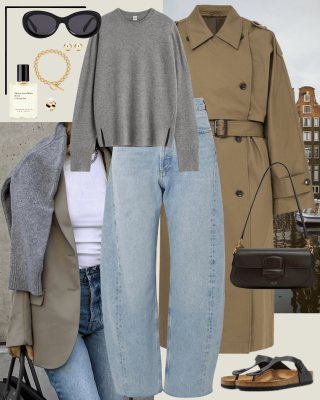 Olive trench coat, grey jumper, barrel leg jeans, black birkenstock sandals