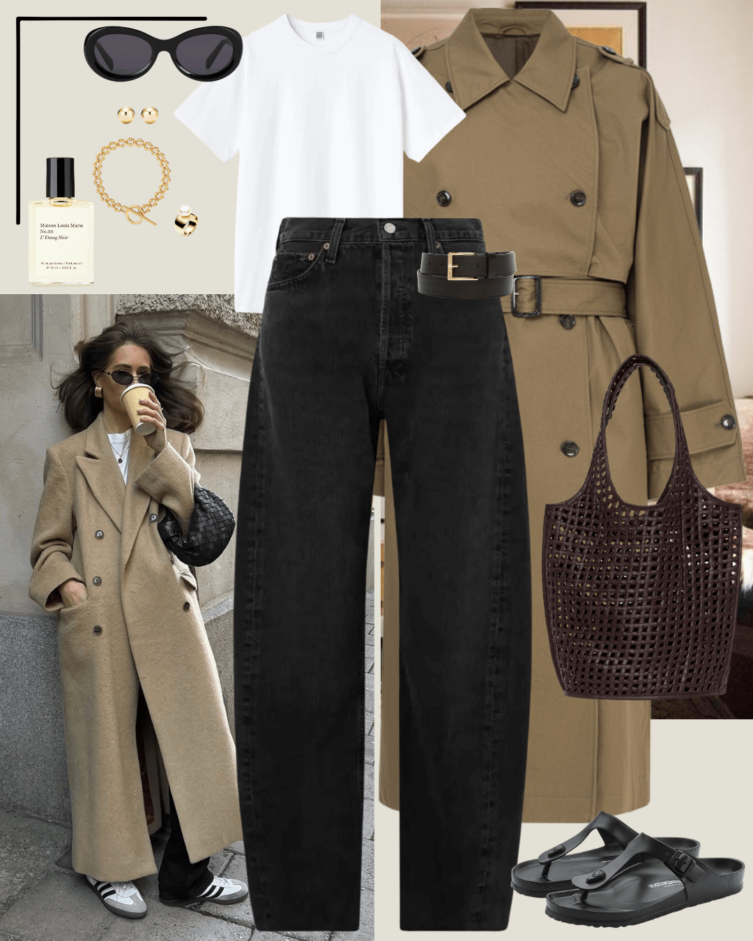 Olive trench coat, white t-shirt, black jeans and black birkenstock