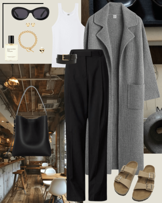 Grey maxi cardigan coat, white singlet top, black tailored pants, camel olive birkenstock sandals