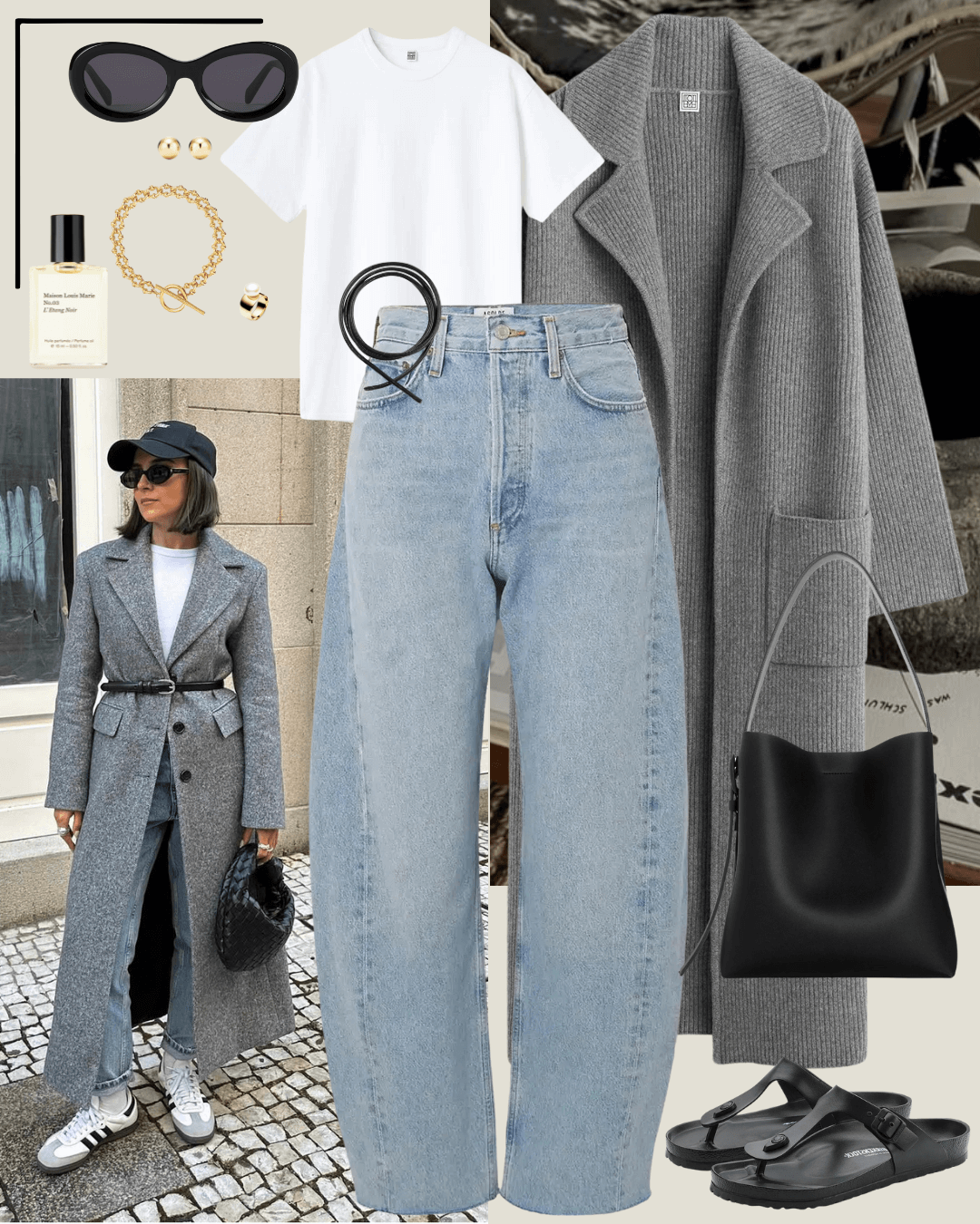 Long grey cardigan coat, white tshirt, barrel leg jeans, black birkenstock sandals