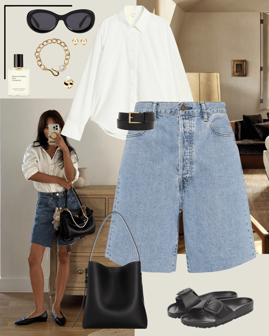 White shirt, denim shorts, black birkenstock sandals