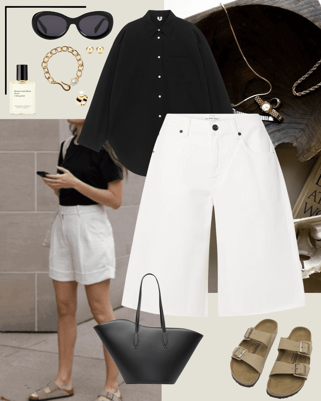 Black shirt, white denim shorts, camel olive birkenstock sandals