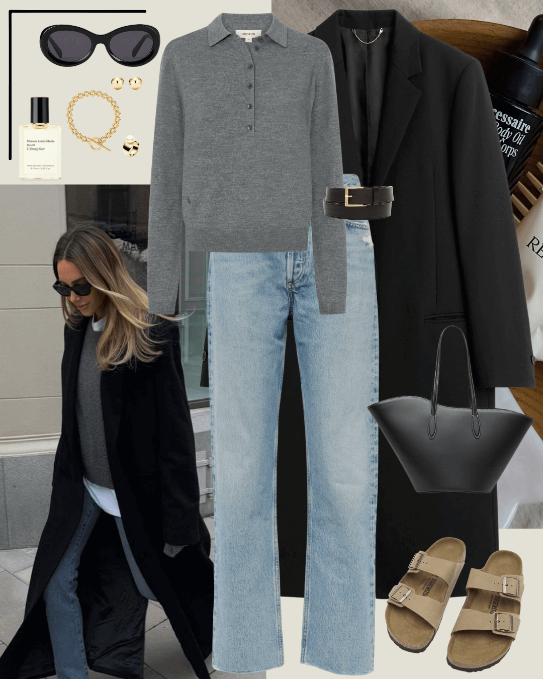 Black coat, grey polo jumper, jeans and  olive brown birkenstock sandals