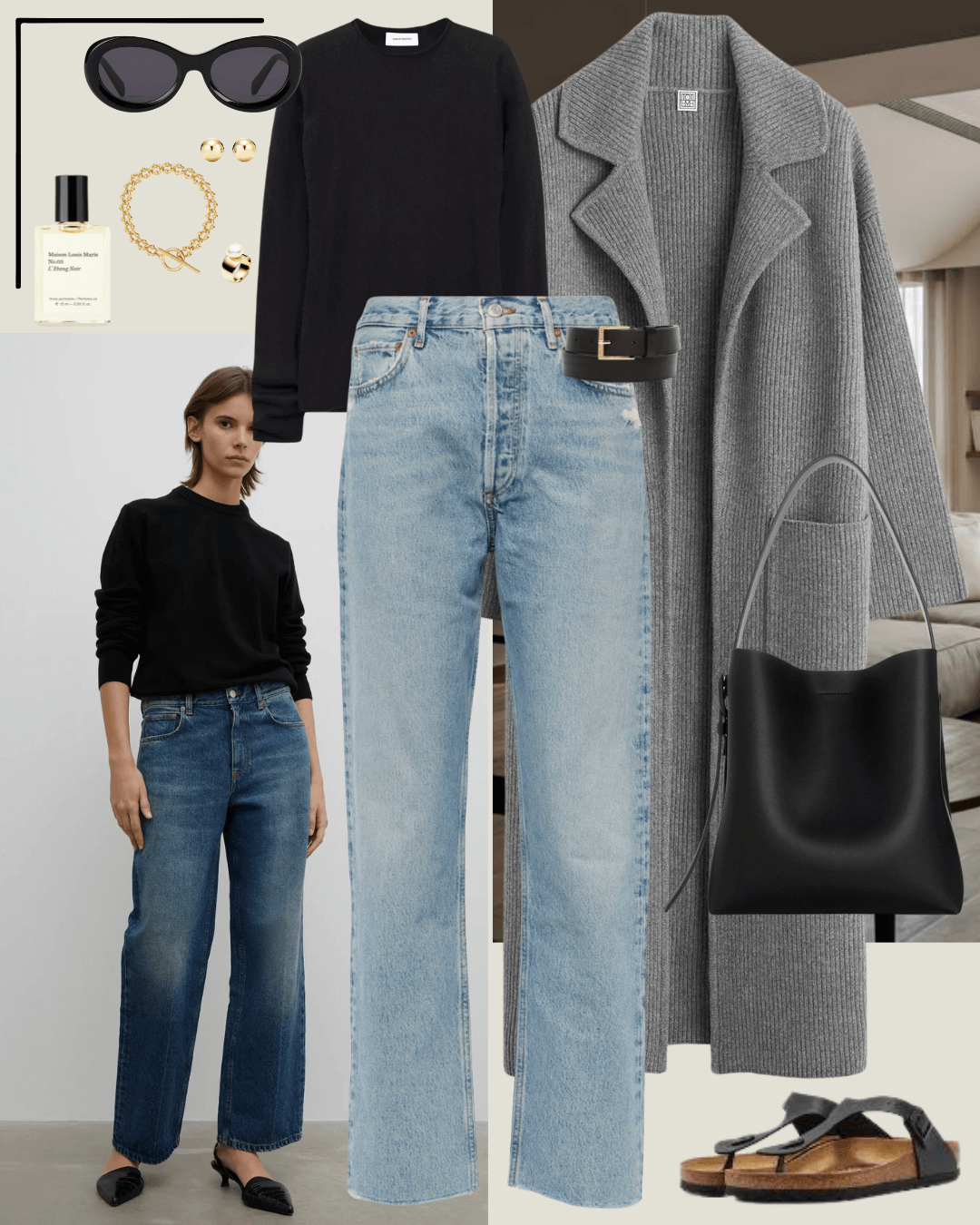 Grey toteme long cardigan coat, black jumper, jeans and black birkenstock sandals