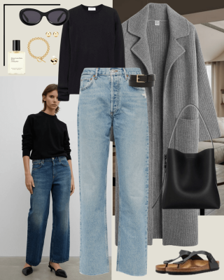 Grey toteme long cardigan coat, black jumper, jeans and black birkenstock sandals