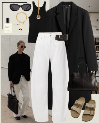 Black coat, black singlet, white barrel jeans, and olive brown birkenstock sandals