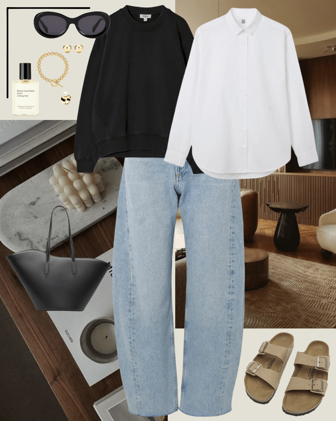 Black jumper, white shirt, jeans, and olive brown birkenstock sandals