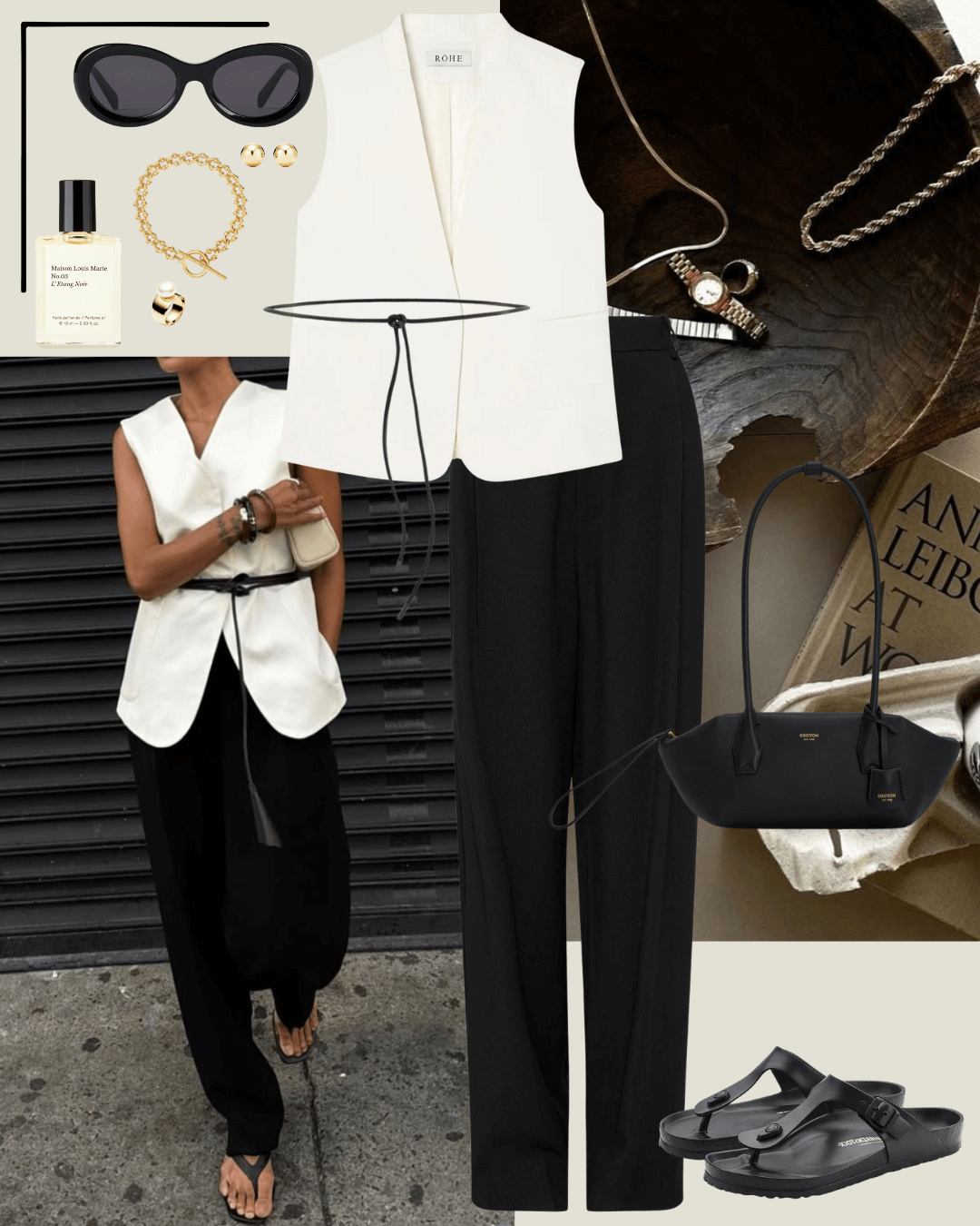 Cream vest top, black tailored pants, with black birkenstock sandals